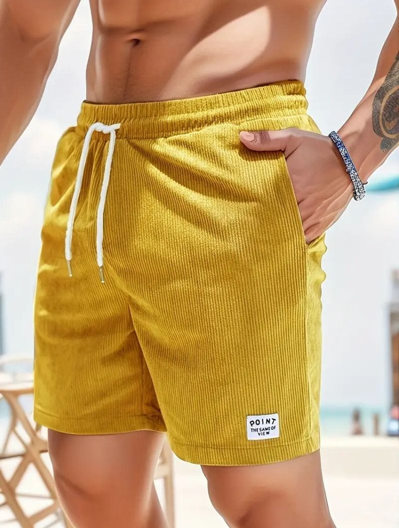 Pantaloni della tuta allacciati tinta unita nuovi estivi 2025, in velluto a coste, semplici pantaloncini da cinque minuti, pantaloni casual da uomo_voghion.com