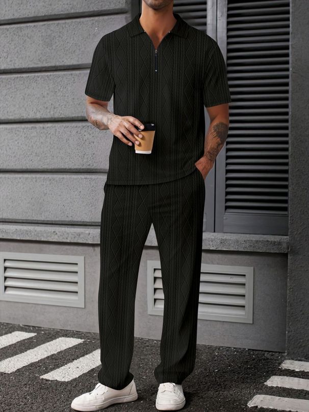 Texturiertes gestricktes Poloshirt, kurzärmeliger Hosenanzug für Herren, zweiteiliges Set_voghion.com