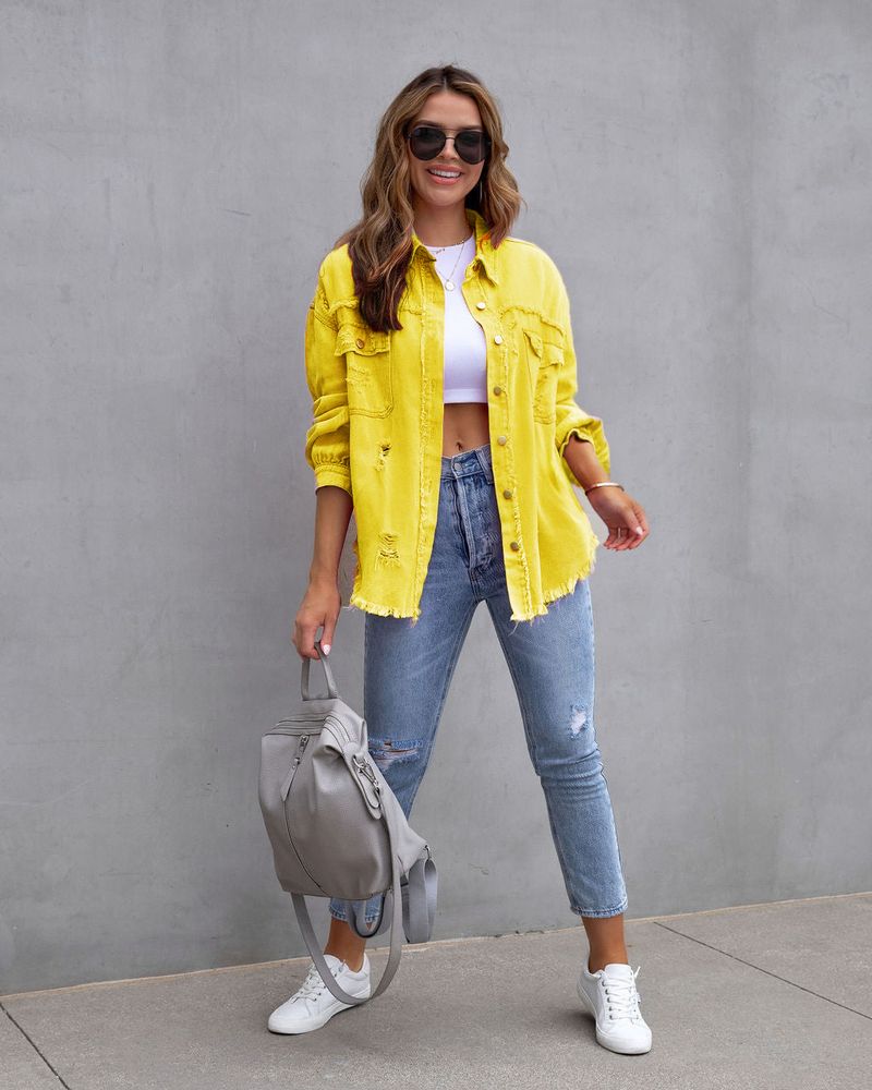 new European and American style mid-length raw edge ripped denim jacket for women long-sleeved casual lapel top_voghion.com