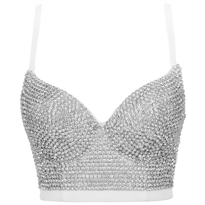 Damenbekleidung Perlen-BH-Camisole Geraffte Formgebung Nachtclub Outdoor-Bekleidung Transparenter Diamant Schöner Rücken-BH_voghion.com