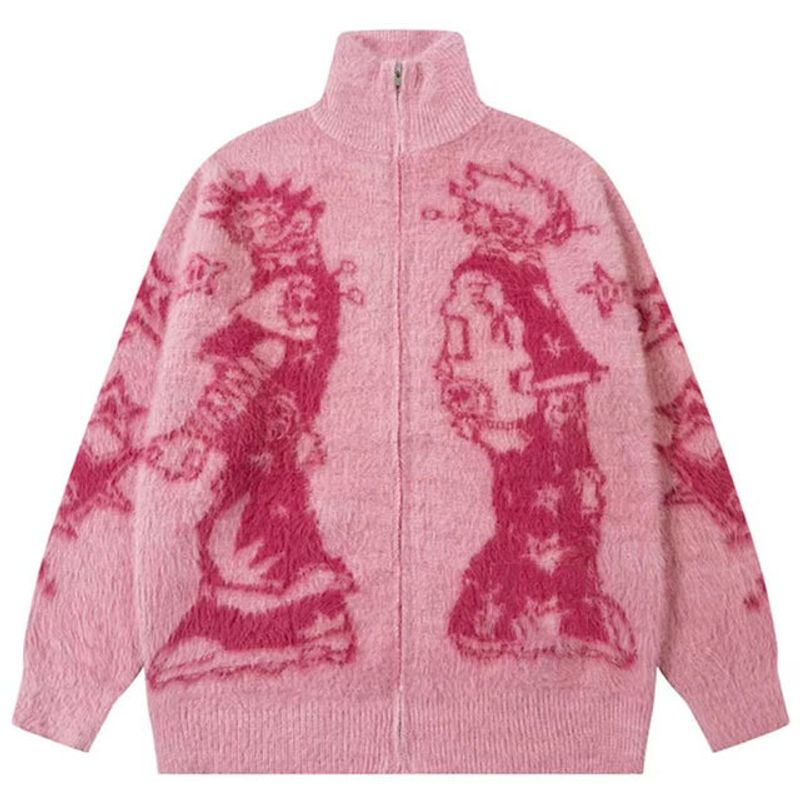 Lässiger Strickpullover für Herren, gemütlicher Winter-Cartoon-Print, Fleece-ähnliche Strickjacke – locker sitzender Unisex-Pullover für die Freizeit (Schwarz, Pink)_voghion.com