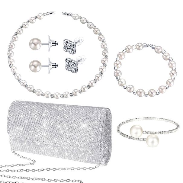 Ženske večerne torbice, torbica, butična, bleščeča srebrna torbica čez telo, biserni diamantni komplet, šestdelni_voghion.com
