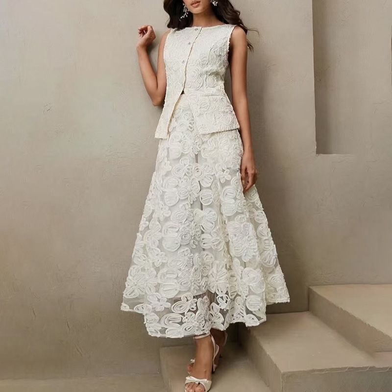 Damenbekleidung Französische Eleganz, ärmelloses Spitzen-Häkeltop + A-Linien-Rock-Set mit hoher Taille, Blumenstickerei, schmale Passform, weicher und femininer Stil_voghion.com