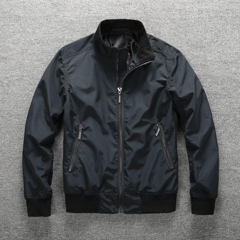 Slim Fit Bomberjacke für Herren – Stehkragenmantel, atmungsaktive, leichte Reißverschlussjacke für den Frühling, Schwarz/Blau​_voghion.com