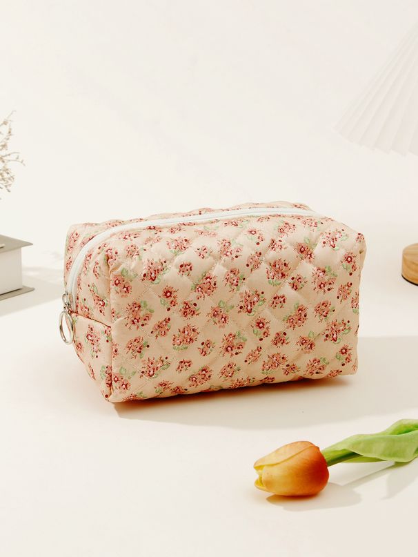 Bolsa de cosméticos acolchada de algodón con diseño de cerezas, estilo bonito, portátil, para guardar cosméticos._voghion.com