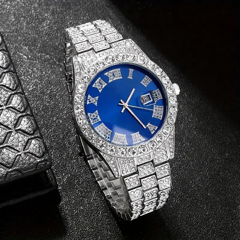 Herenhorloges Hip Hop Diamanten Ketting Armband Herenhorloge Set Kwarts Kalender Volledig Diamanten Horloge_voghion.com