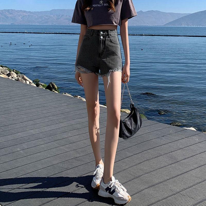 Hoge taille, zwarte denim shorts met dubbele knoop voor de zomer van dames, losse A-lijn, wijde pijpen, Koreaanse versie, afslankend en_voghion.com