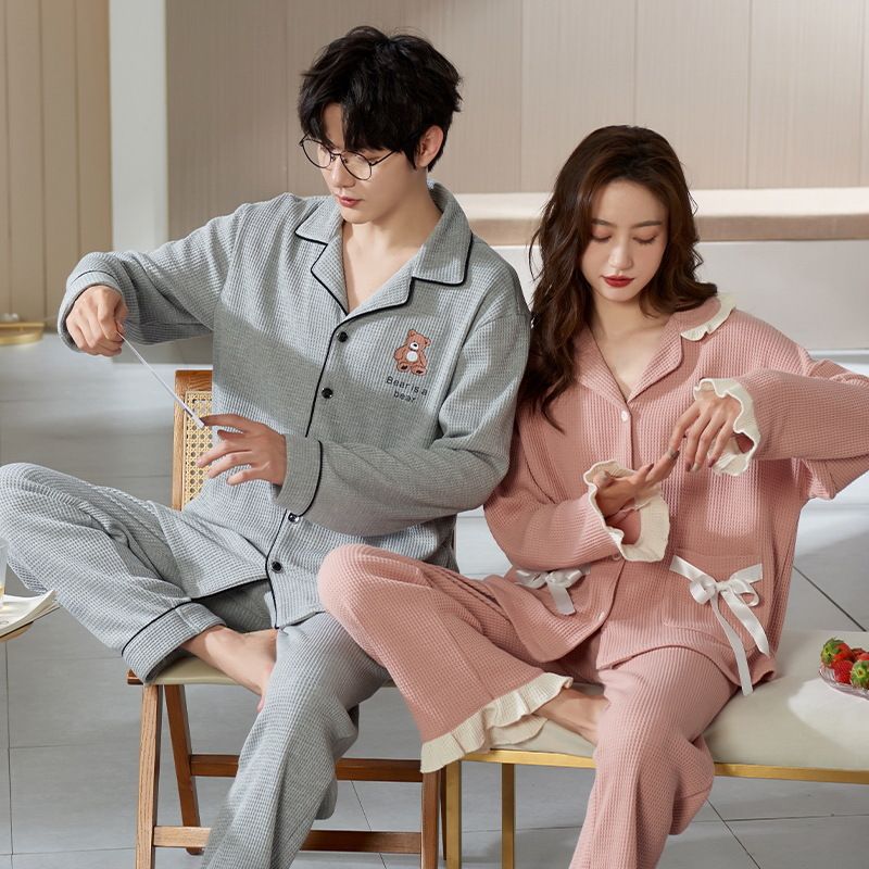 2024 Spring and Women's Pajamas Long Sleeve Pure Home Clothes Couple's Full Cotton Live Cardigan Autumn Set Thin Men_voghion.com