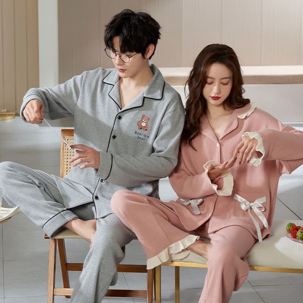 2024 Spring and Women's Pajamas Long Sleeve Pure Home Clothes Couple's Full Cotton Live Cardigan Autumn Set Thin Men_voghion.com
