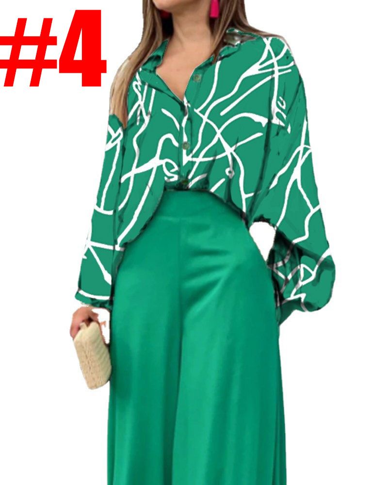Abbigliamento da donna Camicia da donna con risvolto, pantaloni larghi a vita alta e stampati, set da due pezzi_voghion.com