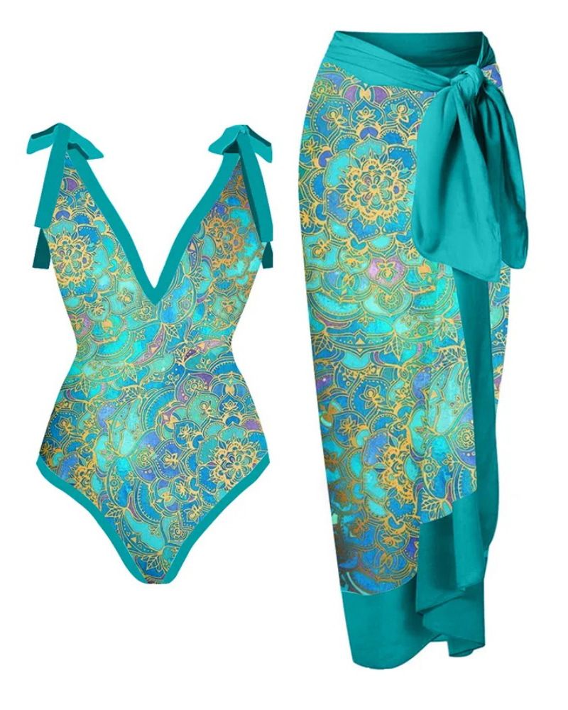 Maillot de bain deux pièces imprimé rétro pour femme Maillot de bain une pièce Ensemble de maillot de bain amincissant à bretelles_voghion.com