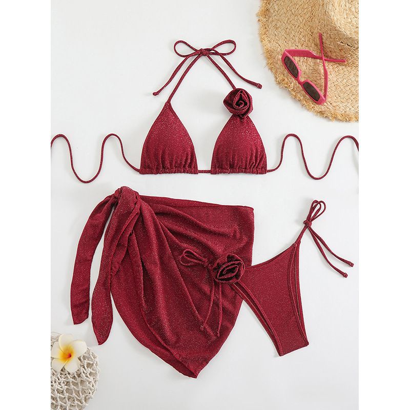 European and American bikini three piece set 2025 new lace up split swimsuit cross border solid color swimsuit bikini_voghion.com