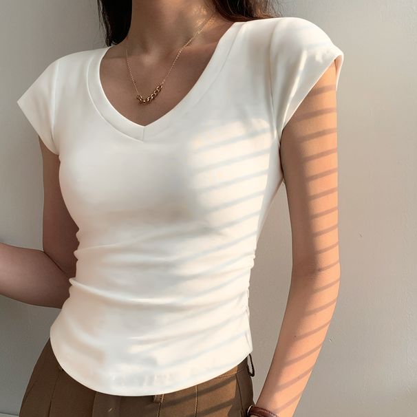 Női ruházat Új, tiszta pamut, egyenes vállú, V-nyakú, rövid ujjú, női póló, csúcskategóriás, karcsúsított, divatos alsó felső_voghion.com