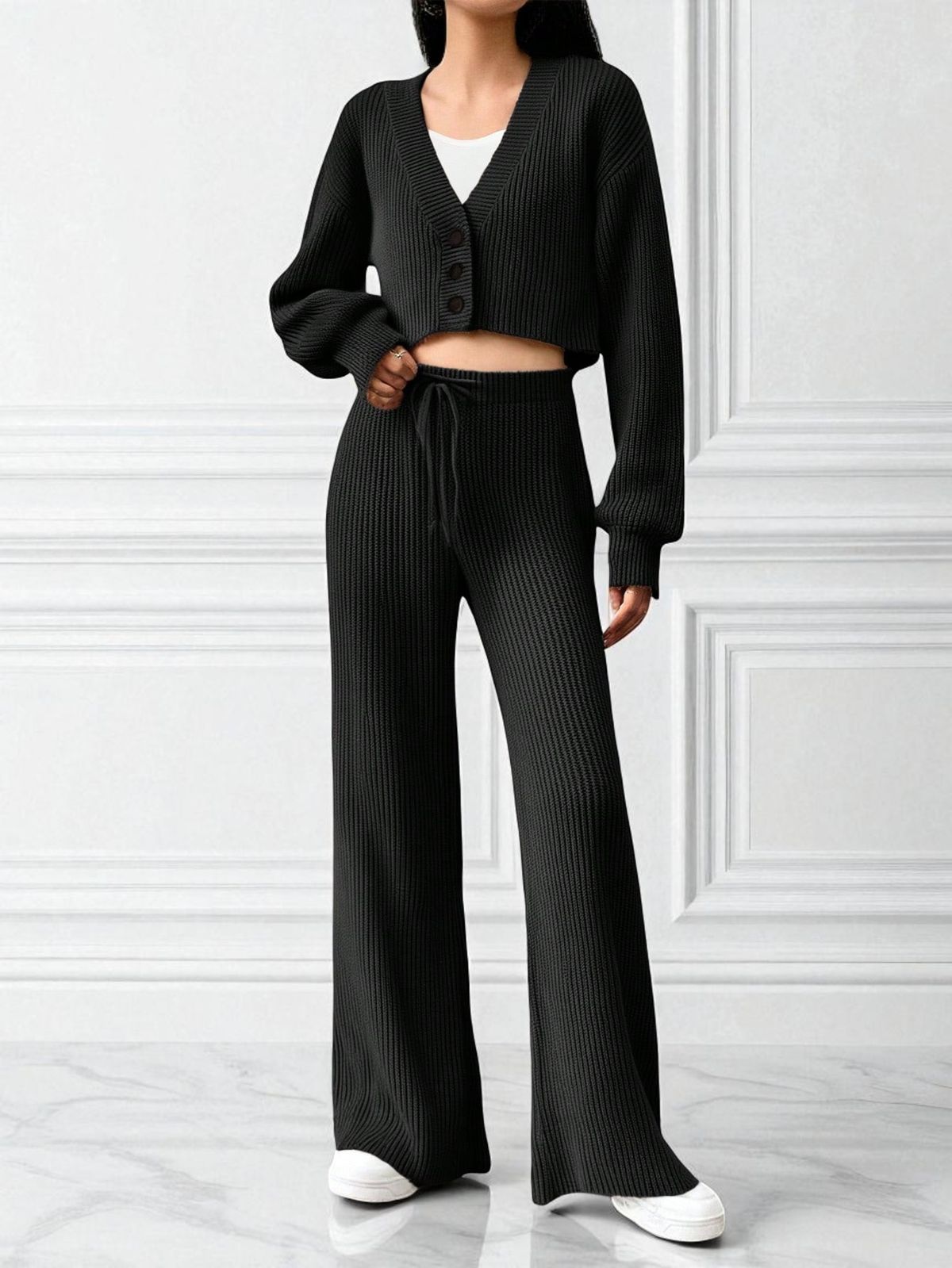 "Versatile Knit Top & Pants Set – Solid Color Casual Outfit For Women, Khaki/Black, One Size Fits Most"_voghion.com