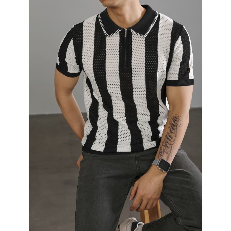 Herrenbekleidung Schwarz-Weiß-Kontrast Vertikale Streifen Kurzarm Sommerstil Design Revers Hohl Gestricktes Poloshirt Top_voghion.com
