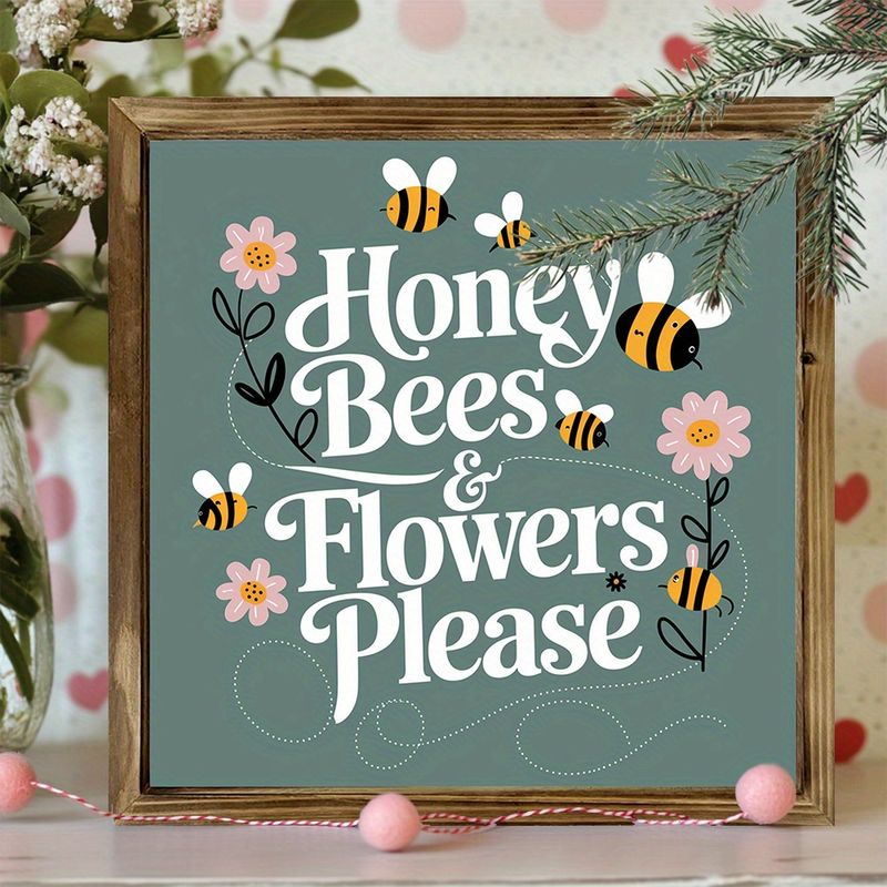 8 x 8" rustikalni leseni napis 'Honey Bees & Flowers Prosim' - Teal pomladna dekoracija kmečke hiše za vhod/vrt/pisarno, odlično darilo ob vselitvi_voghion.com