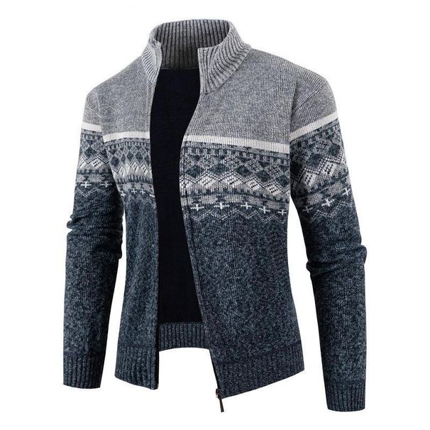 2024 new men's zipper cardigan color blocked casual knit stand up collar sweater jacket_voghion.com