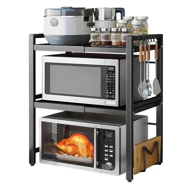 Ausziehbares Mikrowellenregal – Ausziehbarer Ständer mit 6 Haken, strapazierfähig, Küchentheken-Organizer, schwarz_voghion.com