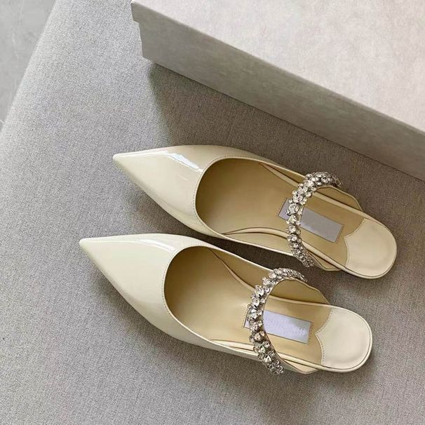 Strass Lackleder Version Spitzschuh Einzelschuhe Intarsien High Heel Halb Pantoletten Flache Sandalen für Damen_voghion.com