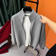 Men's Slim Fit Double Zipper Cardigan – Stand Collar Knit Sweater Jacket (Black/Red/Grey/Apricot, M-3XL)