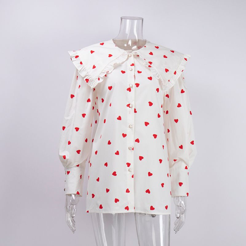 Camicia da donna con maniche a lanterna e colletto a bambola con stampa rossa dell'amore_voghion.com