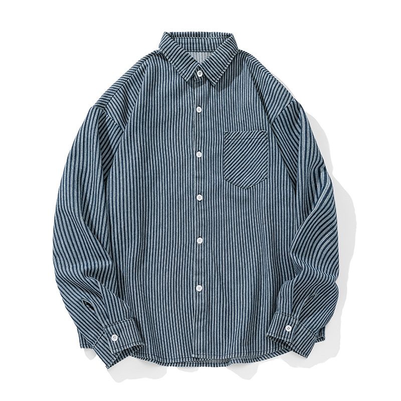 Men's Clothing Retro Washed Denim Striped Long Sleeved Shirt Spring Style Back Stitching Design Loose Casual Shirt_voghion.com