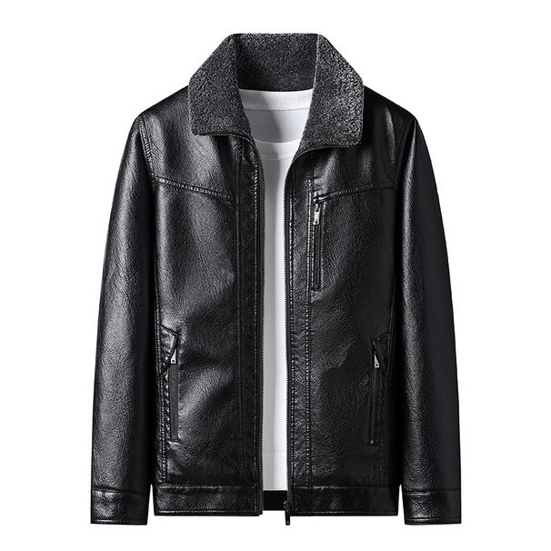 Men's jacket with fleece thickened simple fur one large size leather coat_voghion.com