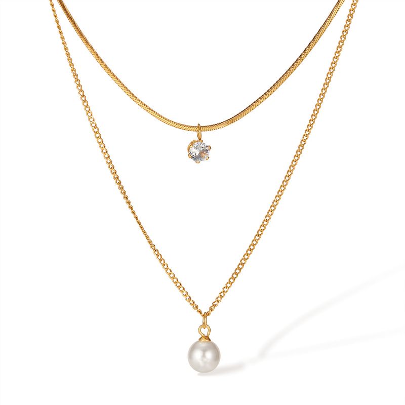 Damenschmuck Mode Halskette Damen Edelstahl Temperament Pendler Stil Perle Zirkon Doppelschicht Schlüsselbeinkette_voghion.com