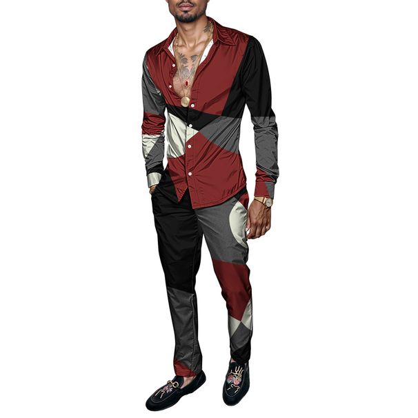 2025 Spring Summer Men Shirt Set Geometry Print Fashion Simple Two Piece Set Mens Gradient Lightweight Party Long Sleeves Suit_voghion.com