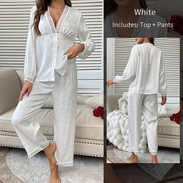 Women's Sleepwears Fashion Long Sleeved Pajamas Sexy Trousers Suit Two Piece Comfortable Satin Love Jacquard Home Clothes_voghion.com