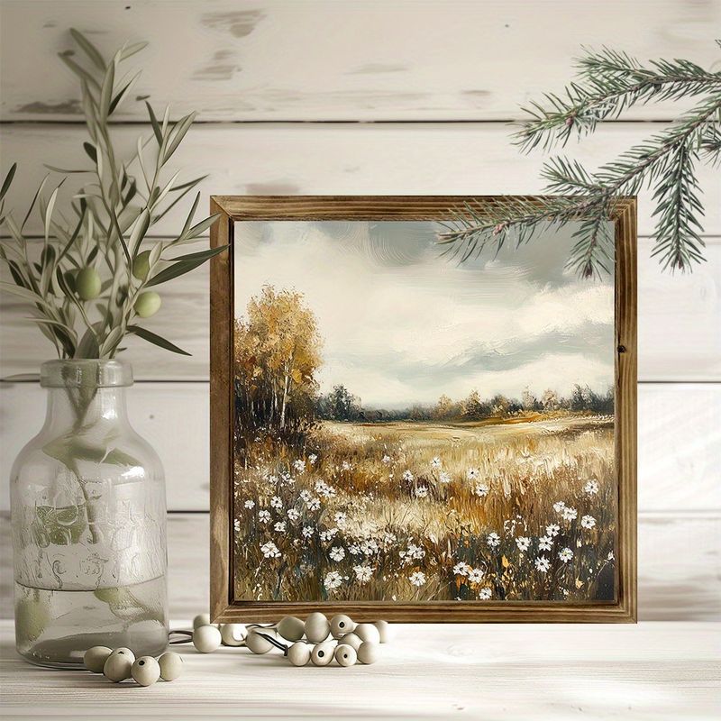 Dřevěná cedule s rustikálním motivem divokých květin 20x20 cm - okouzlující nástěnná dekorace s krajinářským motivem do obývacího pokoje/koupelny, perfektní dárek pro milovníky květin_voghion.com
