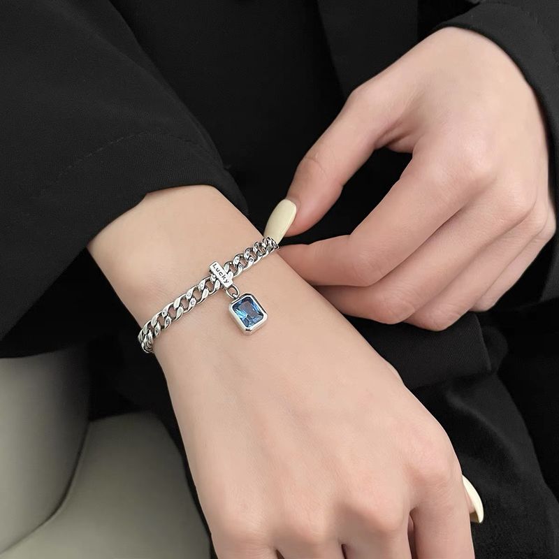 S Pure Silver Zircon Bracelet Persian Gulf Sea Blue Lucky Women's Heavy Craft Cuban Chain Jewelry_voghion.com