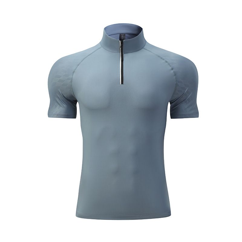Suvine meeste fitness-T-särk poolpika lukuga püstkraega, kiiresti kuivav, kõrge elastsus, hingav jooksmiseks, tihe_voghion.com
