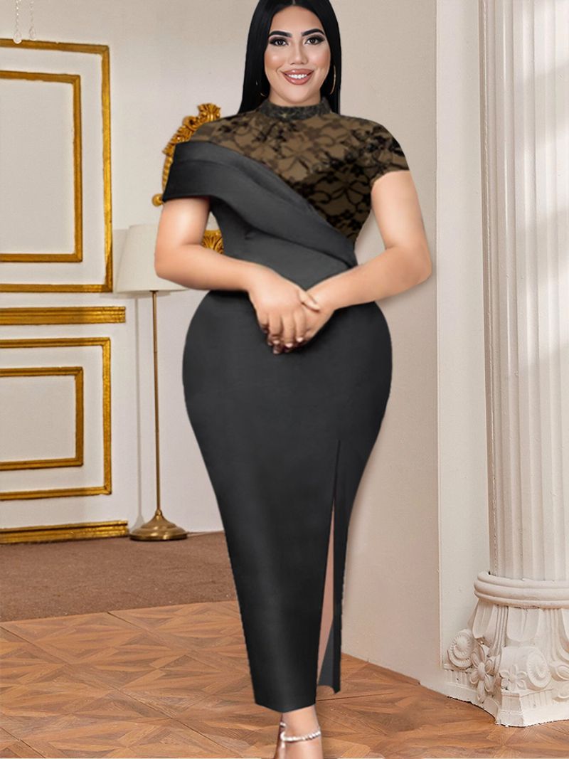 Black large size round neck lace see-through slit banquet elegant slim evening dress lace dress_voghion.com