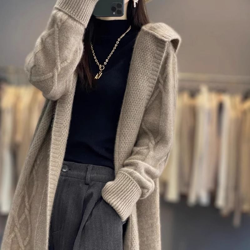 2024 new women's autumn winter mid length knitted cardigan hooded sweer jacket, stylish and versile over the knee_voghion.com