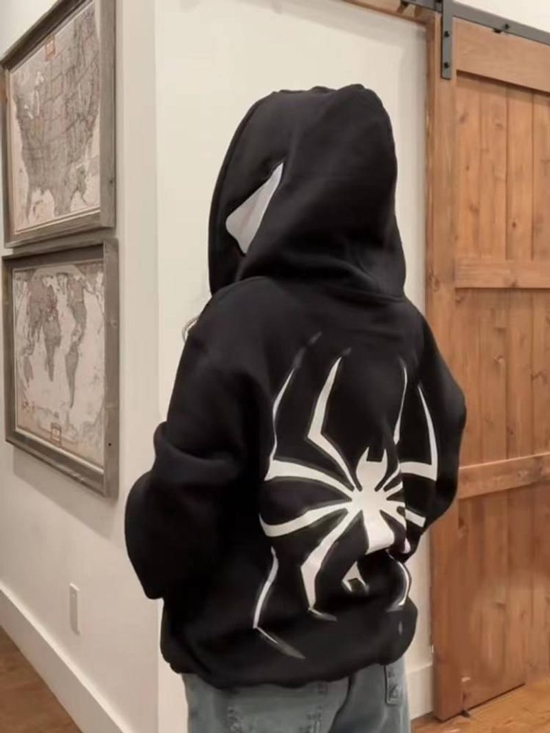 Täysi vetoketjullinen Hämähäkkihuppari Naisten Miesten Katuvaatteet Harajuku Graafinen Ylisuuri Takki Huppupaita Punk Gothic Y2K Vaatteet Huppari_voghion.com