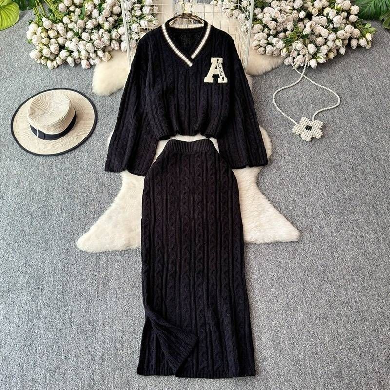 Women's Clothing drama outfit slim suit women autumn and winter retro cable knit sweater 1 slit skirt two piece suit_voghion.com
