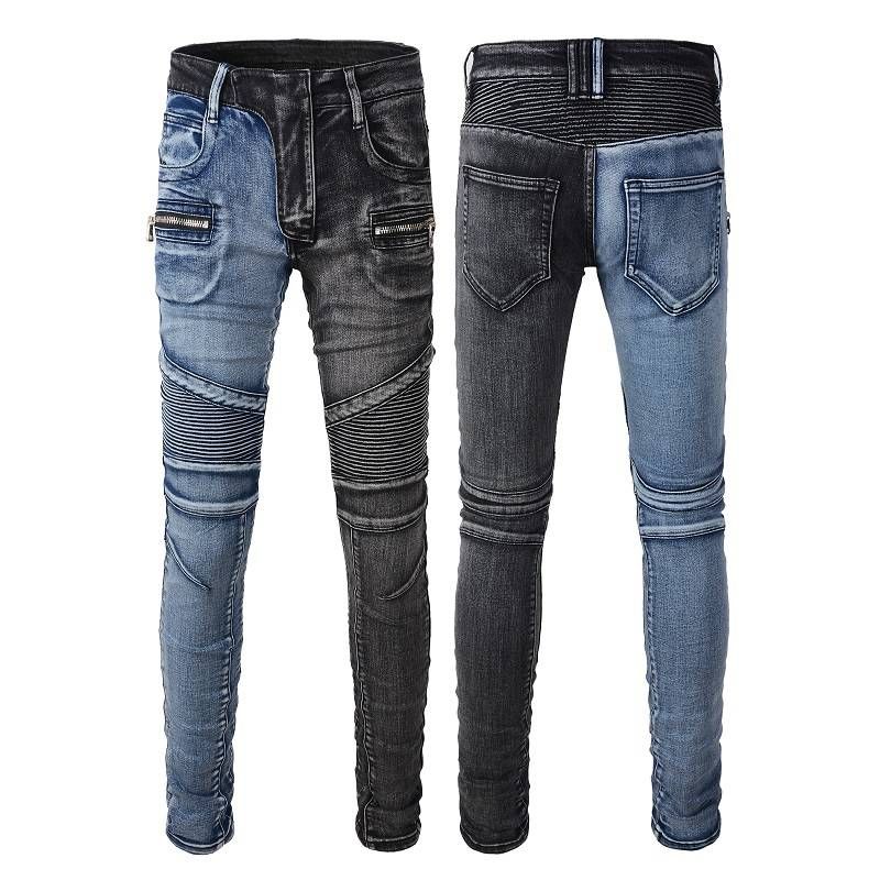 skinny rits gestapelde denim broek heren Multi pocket ripped wash distressed broek biker hip hop zwart blauw patchwork heren designers jeans_voghion.com