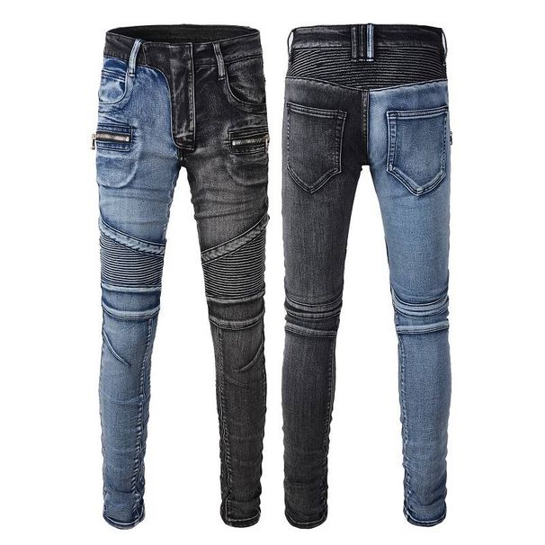 skinny rits gestapelde denim broek heren Multi pocket ripped wash distressed broek biker hip hop zwart blauw patchwork heren designers jeans_voghion.com