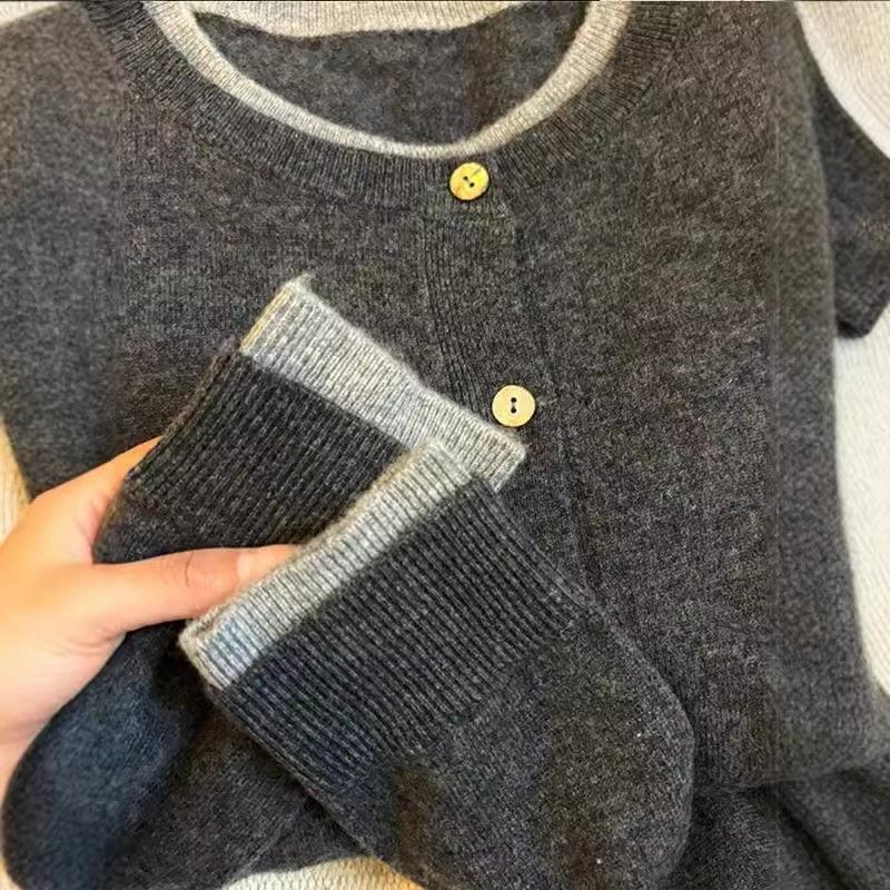 Cárdigan de punto para mujer con cuello a capas - Chaqueta elegante de dos tonos con capas simuladas - Top ajustado de manga larga con abertura frontal para otoño e invierno_voghion.com