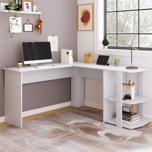 (=WF314182AAA) Eckschreibtisch 140 CM Computertisch Schreibtisch, L-förm Eckschreibtisch Mit 2 Ablagen,H75/B140/L140 CM Weiß_voghion.com