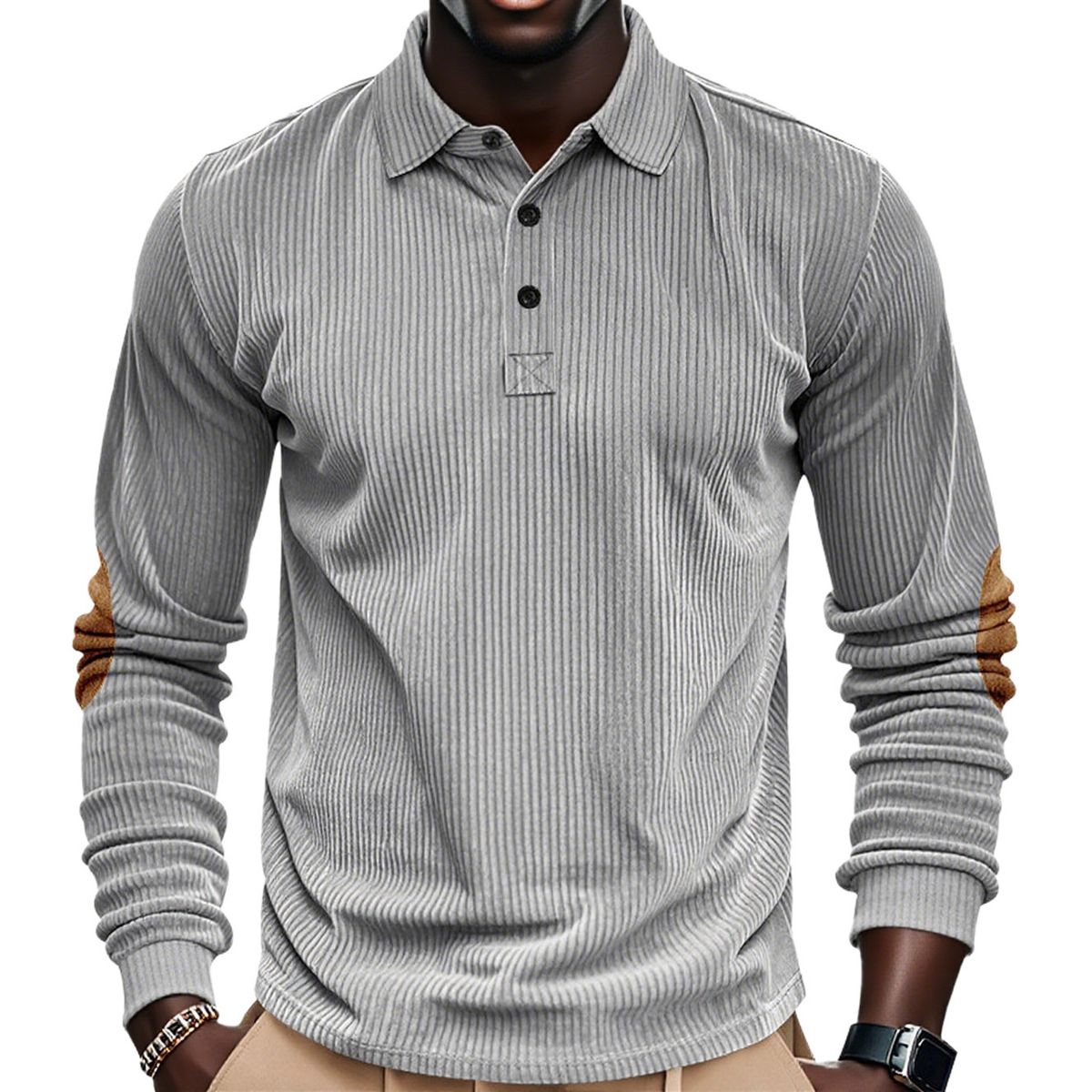 Herren Retro Cord Locker Lässig Revers Langarmhemd Patch Poloshirt_voghion.com