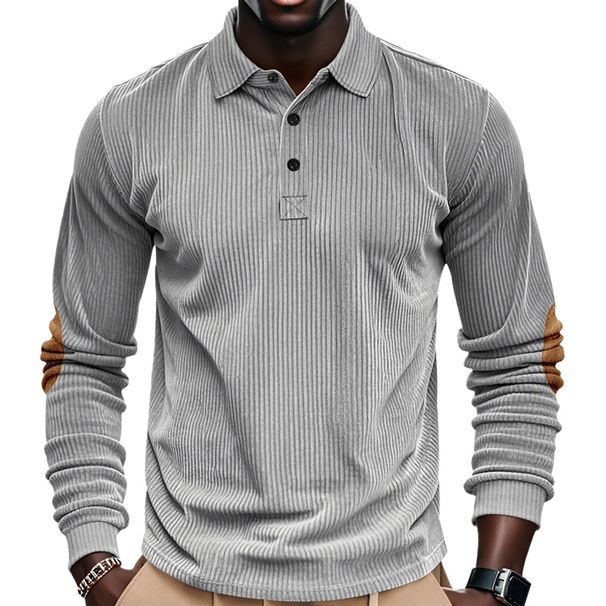 Herren Retro Cord Locker Lässig Revers Langarmhemd Patch Poloshirt_voghion.com