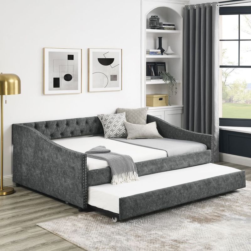 Full Size Daybed With Twin Size Trundle Upholstered Tufted Sofa Bed, With Button On Back And Copper Nail On Waved Shape Arms,Grey (80.5'x55.5'x27.5'_voghion.com