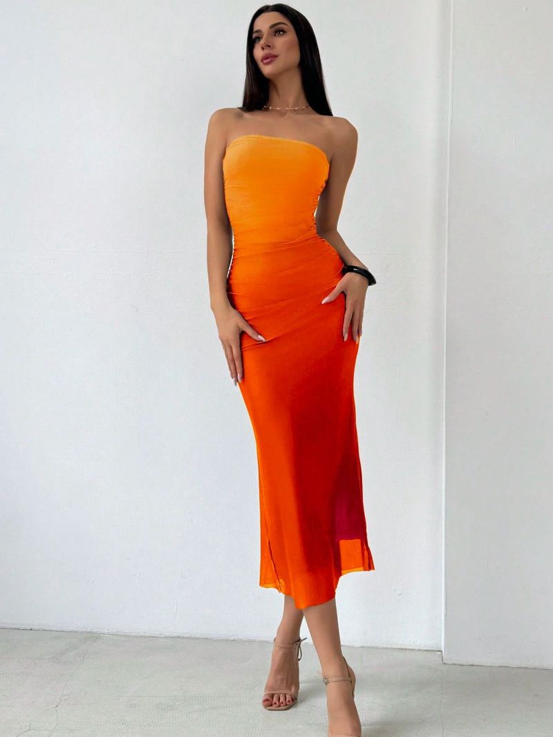 Women's Clothing Mesh Gradient Pleated Sexy Tight Slit Strapless Tube Top Long Skirt_voghion.com