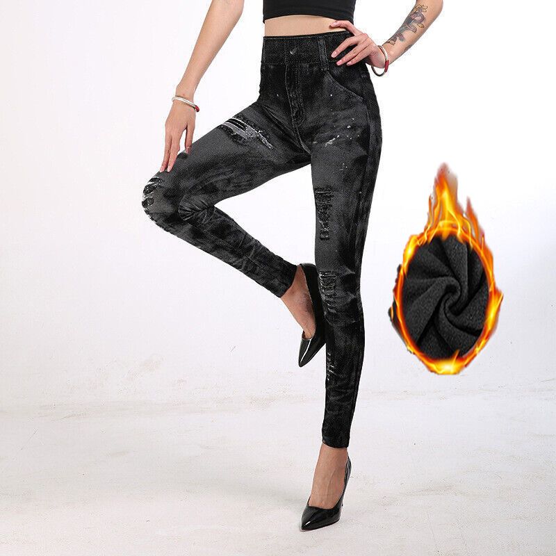 Nuovi leggings da donna foderati in pile di denim, pantaloni a nove punte multicolori che sollevano i fianchi_voghion.com