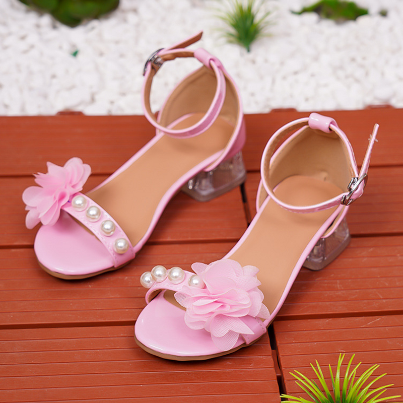 Kids Shoes 2024 girls high heel sandals summer new style pearl with flowers cute princess style children's shoes_voghion.com