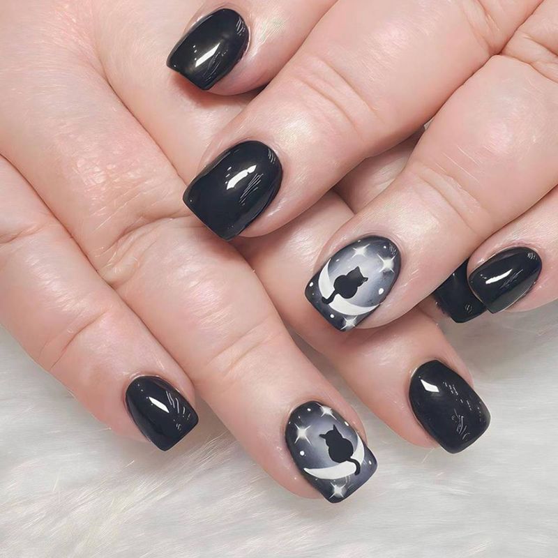 24 pezzi di unghie corte quadrate indossabili, con design a forma di luna gufo notturno gotico scuro di Halloween, 1 colla gelatinosa e 1 lima per unghie, adatte per le feste_voghion.com