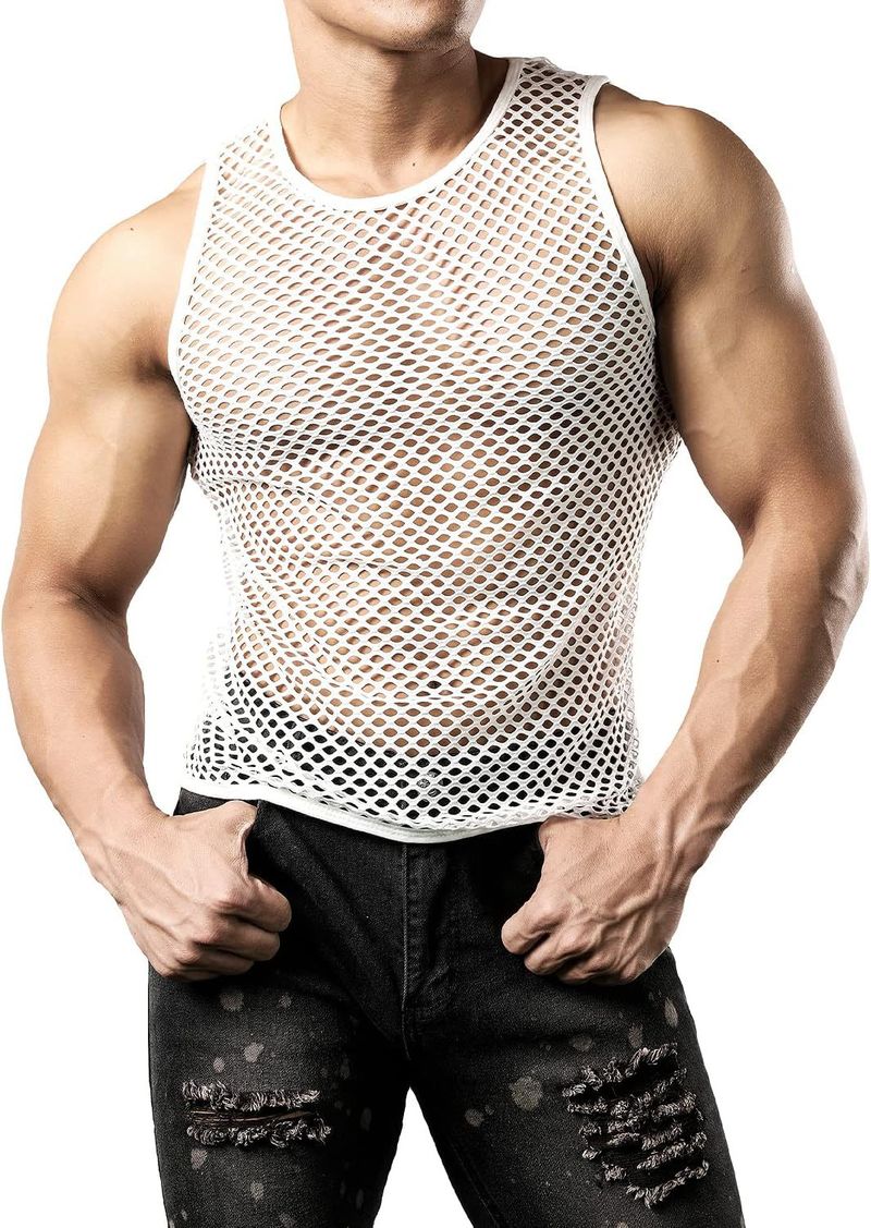 Summer new hollow out round neck top fishing net vest breathable loose casual sleeveless oversized hoodie for men_voghion.com