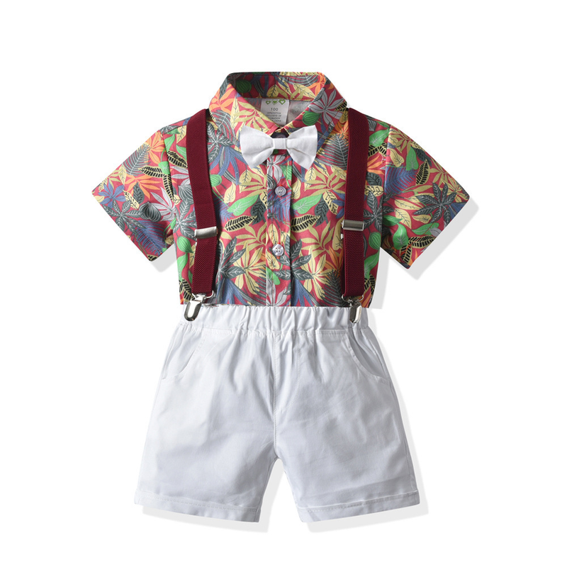 Babykleidung INS Jungen Ahornblatt bedrucktes Kurzarmhemd mit Shorts vierteiliges Set für Kinder Schatz Sommer lässige Strickjacke_voghion.com